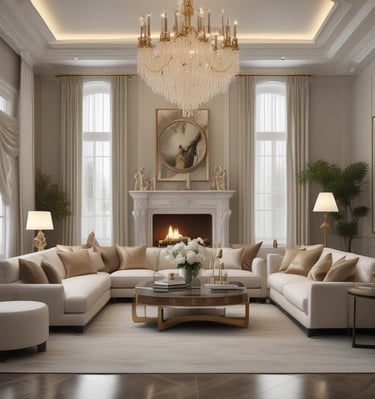 A modern interior space featuring a wide corridor with minimalistic design. On the left side, a wooden wall complements a white sofa adorned with cushions. Large glass windows on the right allow natural light to flood the area, while a staircase leads to an upper floor. The space has clean lines and an airy feel, with light colors dominating the scene.