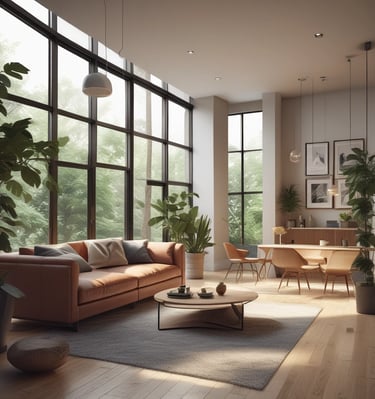 A sleek, modern architectural interior featuring clean, curved lines and a minimalistic design. The ceilings are high with a grid-like pattern of recessed lights. The walls are smooth and mostly gray, and the front view shows a ramp leading down a hallway, indicating accessibility and modernity.