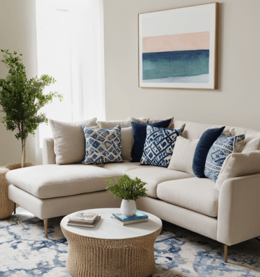 a living room with a couch and a table