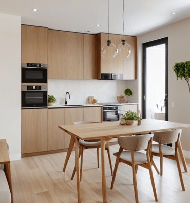 a kitchen with a table and chairs and a table