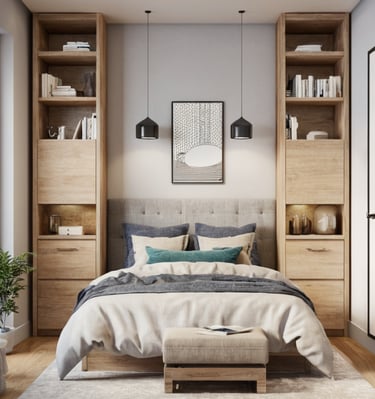 a bedroom with a bed and a bench in the middle of the room