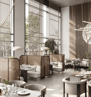 a restaurant with a large window and a table with chairs
