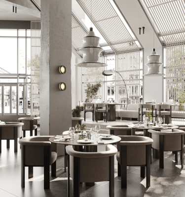 a restaurant with a large table and chairs