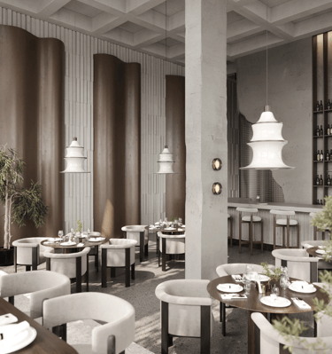a restaurant with a large table and chairs