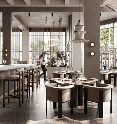 a restaurant with a table and chairs and a man in a suit