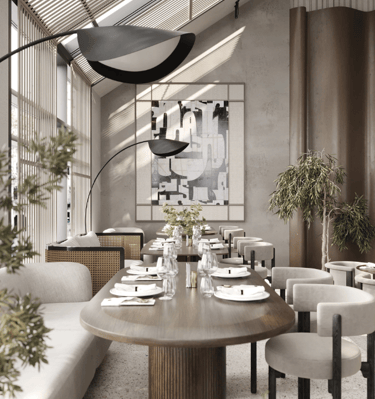 a dining room with a table and chairs