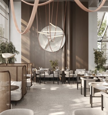 a restaurant with a circular mirror in the middle of the room