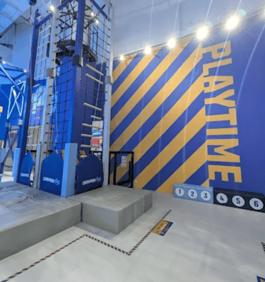 a large blue and yellow wall with a large blue and yellow wall