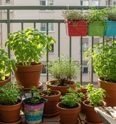 Urban balcony herb garden with basil and mint