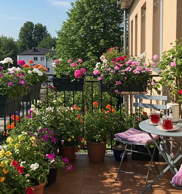 Flower-filled balcony with geraniums and marigolds