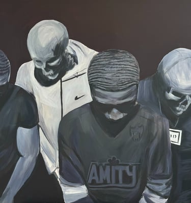 Silent Companions Size: 36" x 48" Medium: Acrylic on Canvas Description: In a somber gathering, the 