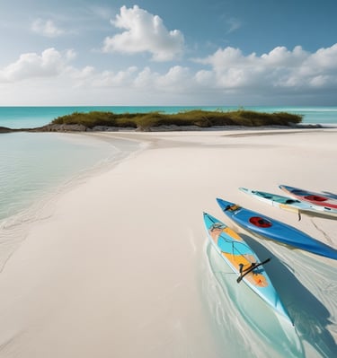 A tropical beach scene featuring clear aqua water, white sandy shore, and lush green palm trees. Jet skis are lined up near a small wooden hut. A motorboat is anchored by the shore, with bright blue skies overhead.