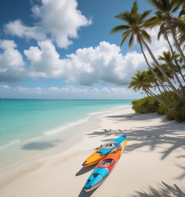 A serene tropical beach with clear turquoise waters and white sandy shores. A person is kiteboarding, leaving a trail in the water, and the kite is brightly colored against the sky. The setting is peaceful and expansive, with a horizon that stretches across the tranquil sea.