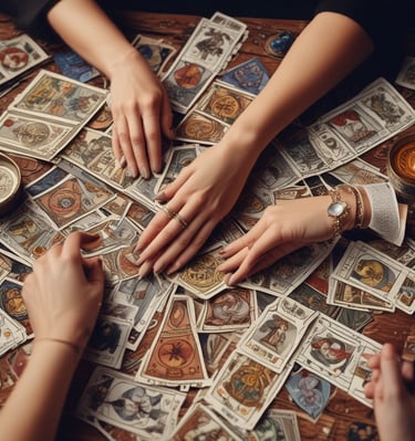 A pair of hands is positioned palms-up on a cloth featuring zodiac signs and a sun-like face. A stack of tarot cards, adorned with mystical symbols, rests on the cloth, surrounded by scattered blue glass beads.