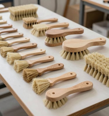 Spa and wellness products including natural oils and brushes in a minimalist setting.