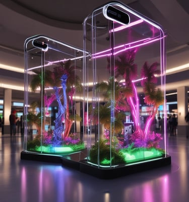 An architectural interior featuring a modern, geometric design with a floating glass and white structure against a wall of gray marble. The ceiling is patterned with a grid of recessed lights and panels, enhancing the clean and contemporary atmosphere.