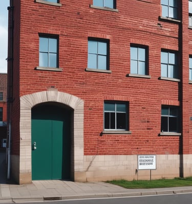 A large brick wall with the word 'BUSINESS' prominently displayed in black letters. The wall is lit by natural daylight, casting gentle shadows along its surface. The ground at the base of the wall has some patches of grass and is bordered by a concrete sidewalk. There are three metal fixtures attached to the lower part of the wall.