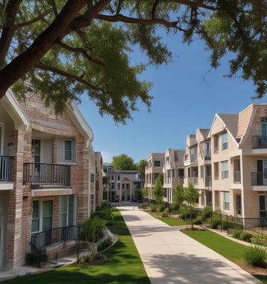 Several multi-story residential buildings with balconies, surrounded by neatly trimmed bushes and a paved walkway. The buildings have a mix of white, green, and blue colors.