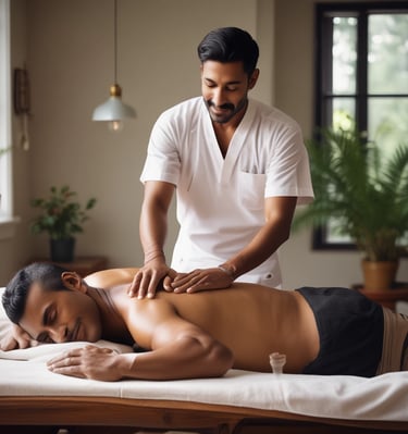 A person is giving a massage in a dimly lit room. The focus is on the hands applying pressure on the back of the individual lying down. The atmosphere appears calm and therapeutic.