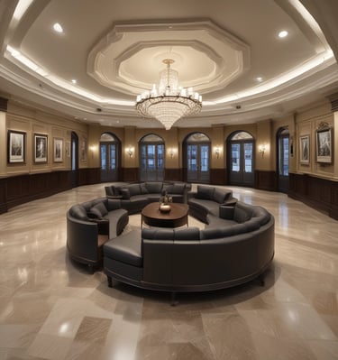 An attractive dining area with a chic table setup and ambient lighting.