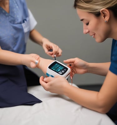 A healthcare professional using a pulse oximeter on a patient.