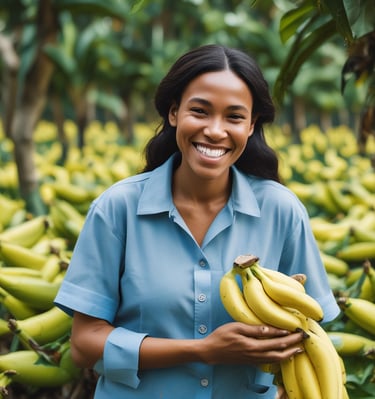 a woman holding a bunch of bananas in a field