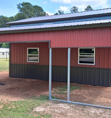 Custom Frame-out on red metal lean-to shed by PVBMC