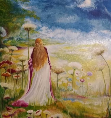 Personnage contemplant de gigantesques fleurs, symbolisant sagesse, humilité et harmonie avec la nat