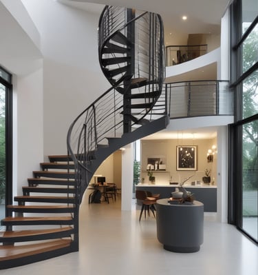 A spiral staircase with wooden steps and curved white railings illuminated by soft lighting embedded along the edges. The design is modern and elegant, creating a sense of fluidity and motion as it spirals downward.
