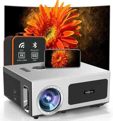 Projector with phone, carrying case, and large screen displaying a vivid orange flower.
