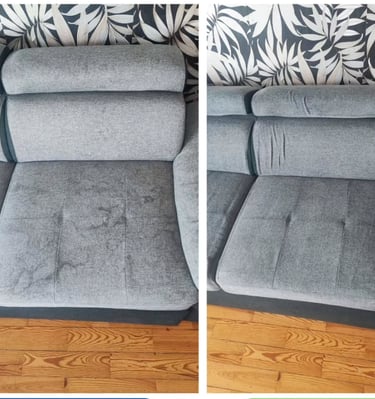 Résultat avant-après d’un nettoyage de canapé avec élimination des auréoles profondes et taches Spa