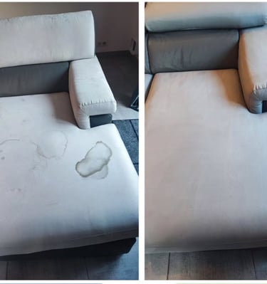 Transformation d’un canapé taché et encrassé en un canapé propre après un nettoyage textile pro