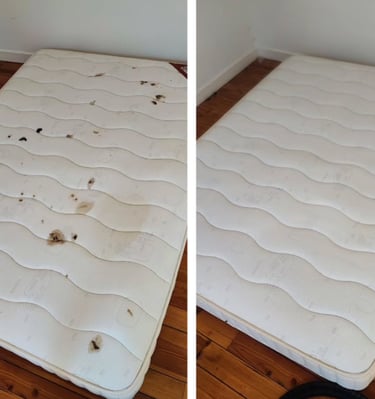 Matelas sale transformé en matelas propre et hygiénique après un nettoyage en profondeur à domicile.