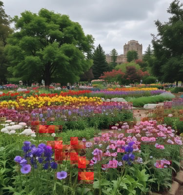 A well-manicured lawn during summer with lush green grass and neat flower beds.