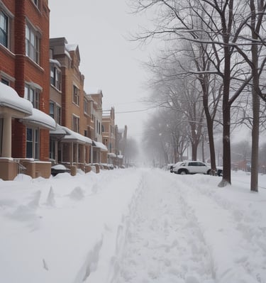 A snowy winter landscape with clear walkways and a snow-covered property.
