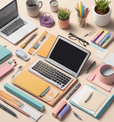 A sunlit store interior with shelves filled with various stationery items. Books and notebooks are neatly arranged on metal shelves to the left. A large glass door at the back allows natural light to illuminate the space, casting shadows on the concrete floor. In the center, a table displays more stationery, including pens organized by color.