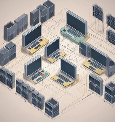 A modern workspace with a focus on technology. In the foreground, there is a black laptop with a distinctive logo placed on a table beside a smartphone propped on a stand. A man is sitting in the background, also using a similar laptop. The setting is minimalistic with a combination of white furniture and a textured brick wall.