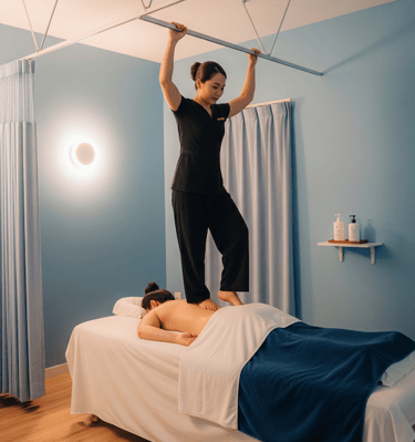 traditional Thai back walking massage (Ashiyu or Barefoot Massage) on a client lying face-down