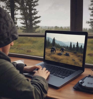 A person is sitting at a table using a white laptop. The laptop screen displays a vibrant video game scene featuring a character walking towards a tree with red leaves. Beside the laptop, there is a glass of dark beverage with ice.
