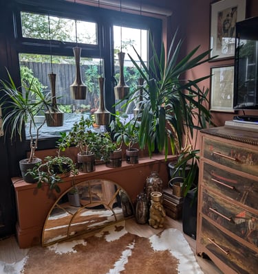 a room with a dresser, window sill and plants