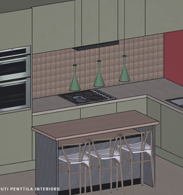 Modern kitchen design featuring green cabinets, a kitchen island with bar stools, and pendant lighting.