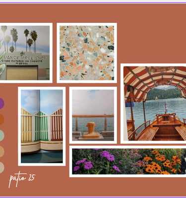 A creative mood board collage featuring travel photos, terrazzo patterns, and a warm terracotta color palette.