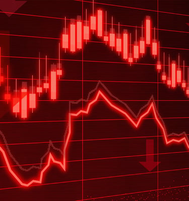 red financial market arrows pointing down symbolizing recession