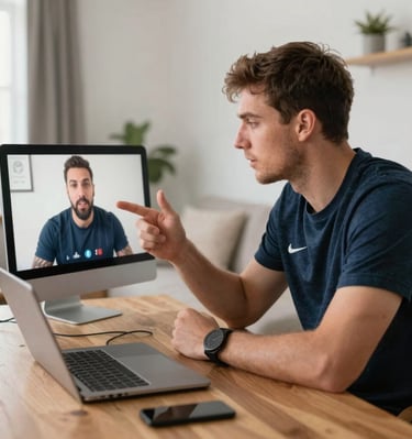 A virtual coaching session in progress, trainer and client sharing smiles over a video call.