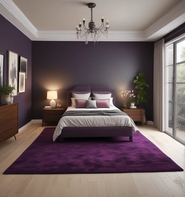 Cozy bedroom showcasing deep purple-hued vinyl plank flooring paired with warm beige rugs.