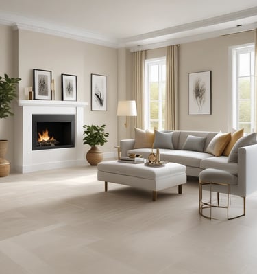 Bright living room featuring light beige LVP flooring that complements soft gold accents.