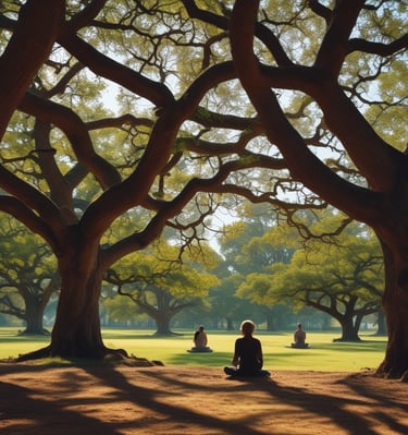 A serene meditation spot with soft morning light filtering through bamboo.