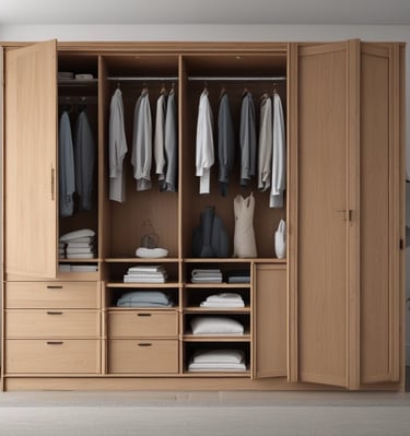 Elegant wooden wardrobe with smooth finishes and classic design in a cozy bedroom.