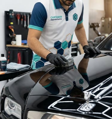 Professional applying protective ceramic coating to a luxury black car hood with a sponge.