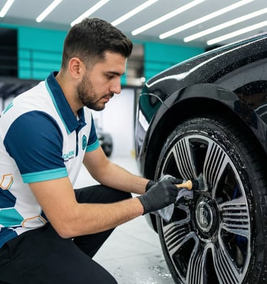 Professional car detailer cleaning luxury Rolls-Royce alloy wheels with a brush and microfiber towel.